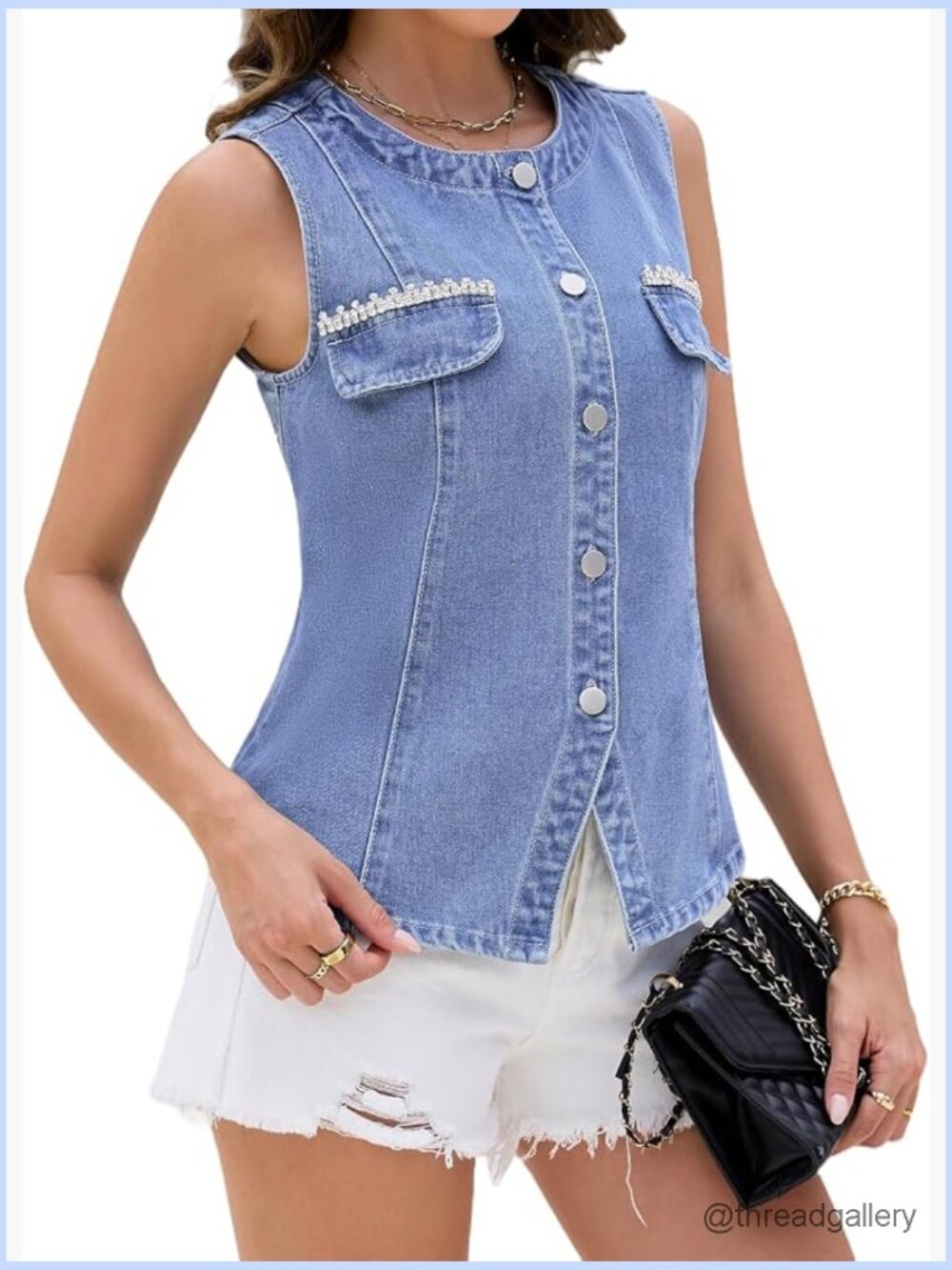 Sleeveless Crew Neck Button Down Rhinestone Denim Vest Top